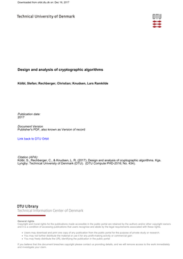 Design and Analysis of Cryptographic Algorithms