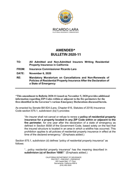Bulletin 2020-11 Mandatory Moratorium on Cancellations And