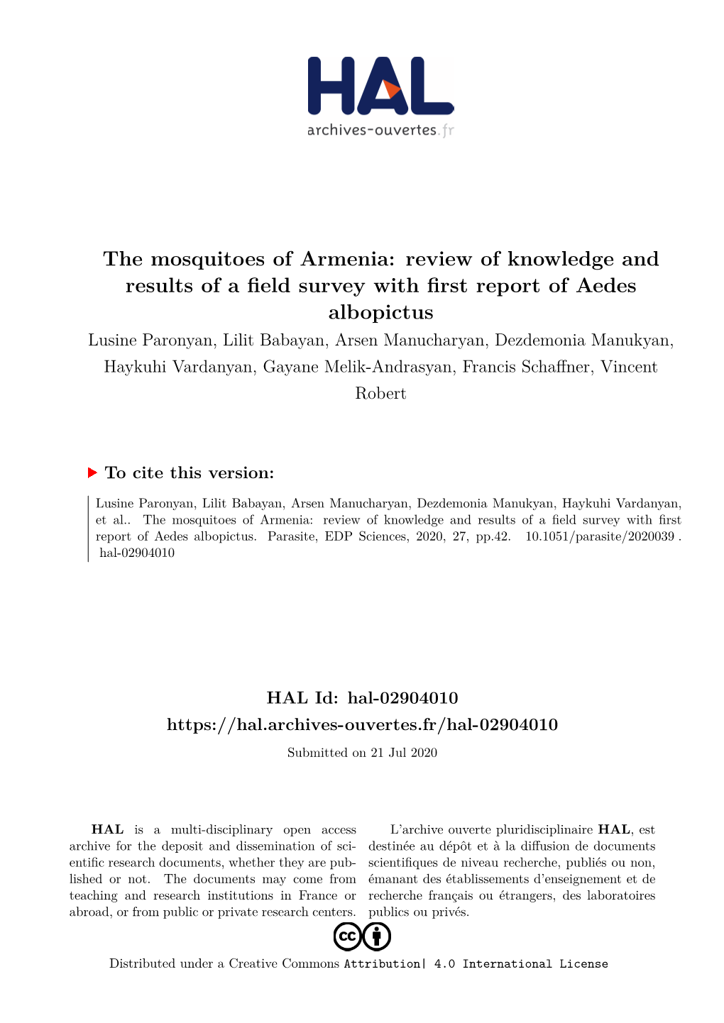 The Mosquitoes of Armenia: Review of Knowledge and Results of a Field