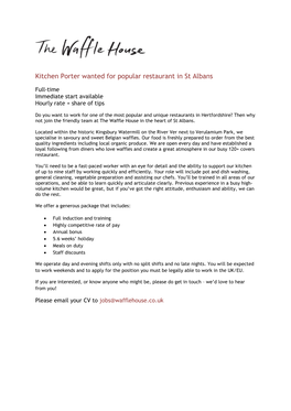 Kitchen Porter Wanted for Popular Restaurant in St Albans