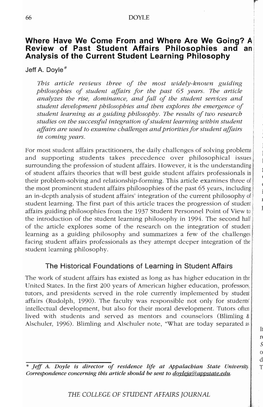 A Review of Past Student Affairs Philosophies and an Analysis of the Current Student Learning Philosophy