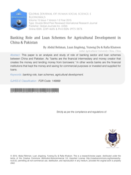 Banking Role and Loan Schemes for Agricultural Development in China & Pakistan