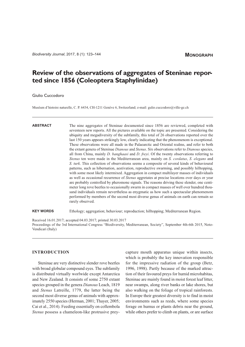 Review of the Observations of Aggregates of Steninae Repor- Ted Since 1856 (Coleoptera Staphylinidae)