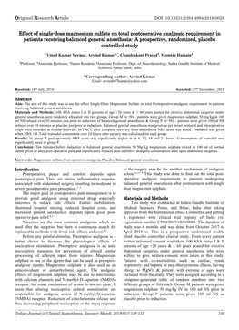 Effect of Single-Dose Magnesium Sulfate on Total Postoperative Analgesic Requirement in Patients Receiving Balanced General Anes