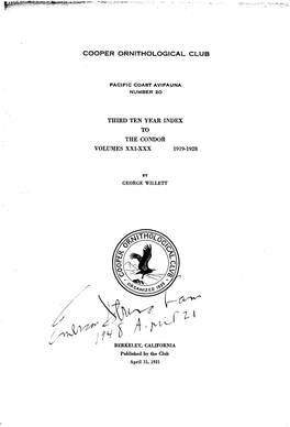 Third Ten Year Index to the Condor Volumes Xxi-Xxx 1919-1928