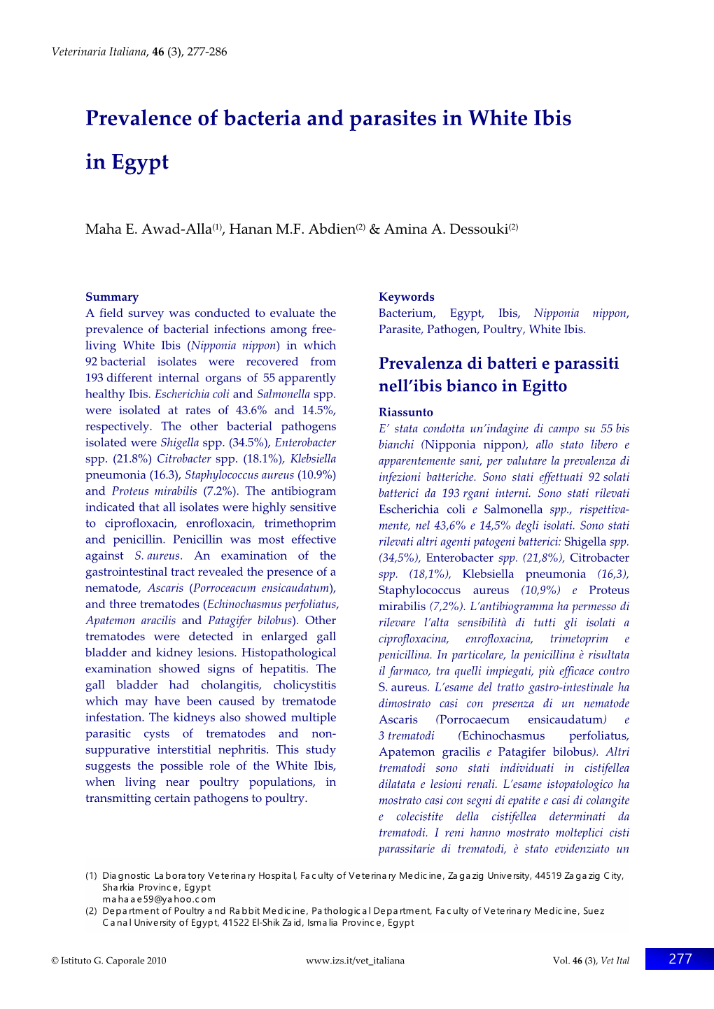 Prevalence of Bacteria and Parasites in White Ibis in Egypt Maha E