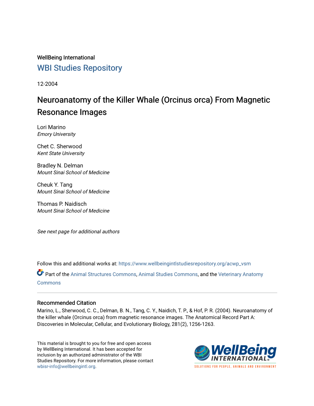 Neuroanatomy of the Killer Whale (Orcinus Orca) from Magnetic Resonance Images