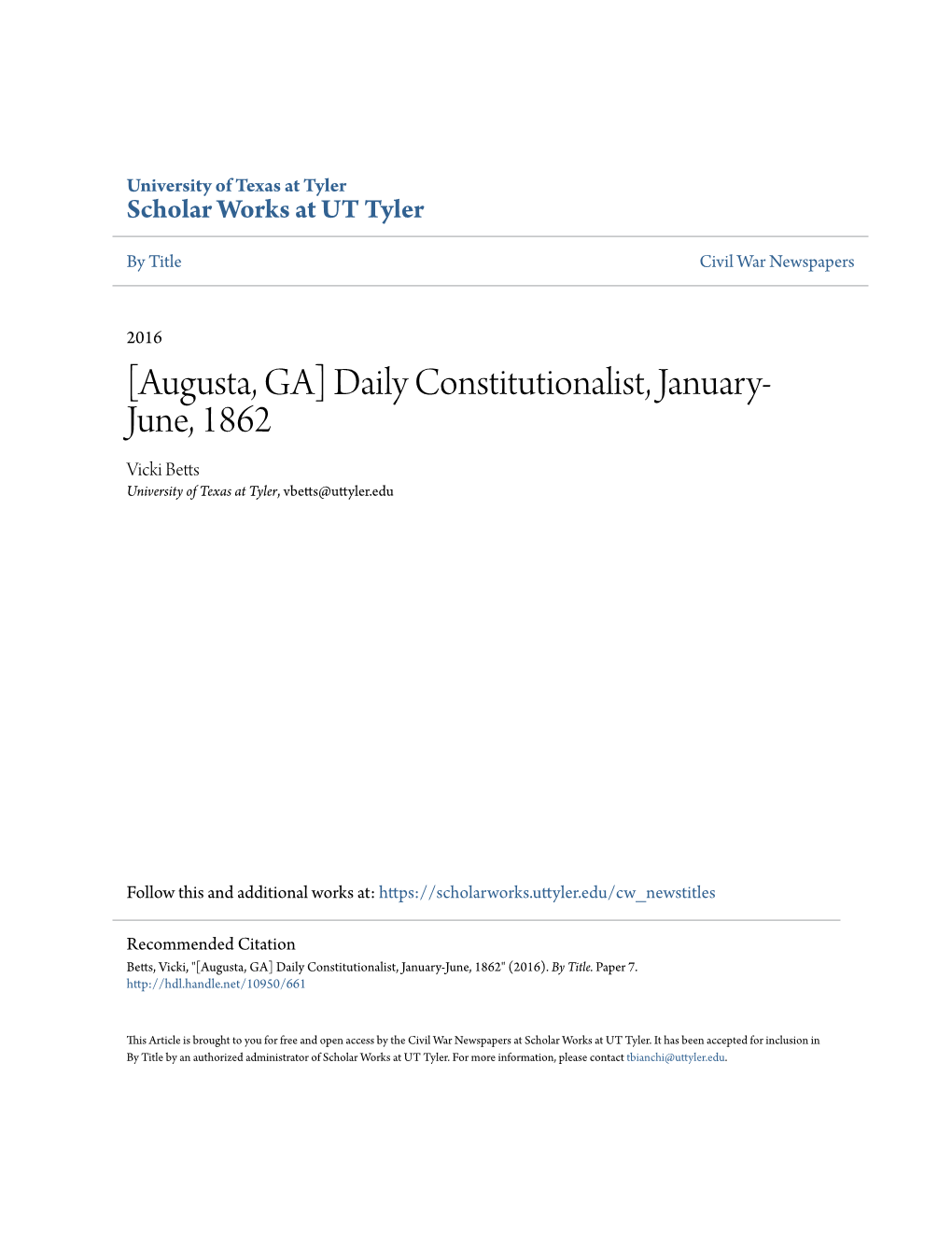 Augusta, GA] Daily Constitutionalist, January- June, 1862 Vicki Betts University of Texas at Tyler, Vbetts@Uttyler.Edu