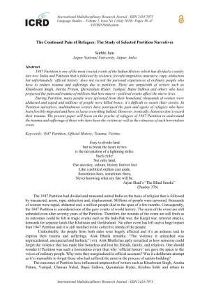 The Study of Selected Partition Narratives Surbhi Jain