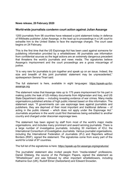 World-Wide Journalists Condemn Court Action Against Julian Assange