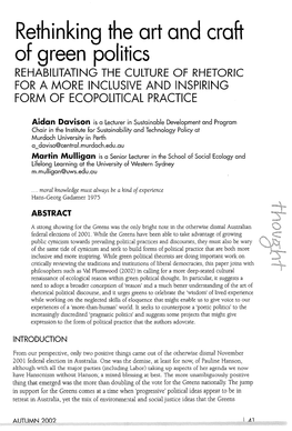 Rethinking the Art and Craft of Green Politics REHABILITATING the CULTURE of RHETORIC for a MORE INCLUSIVE and INSPIRING FORM of ECOPOLITICAL PRACTICE