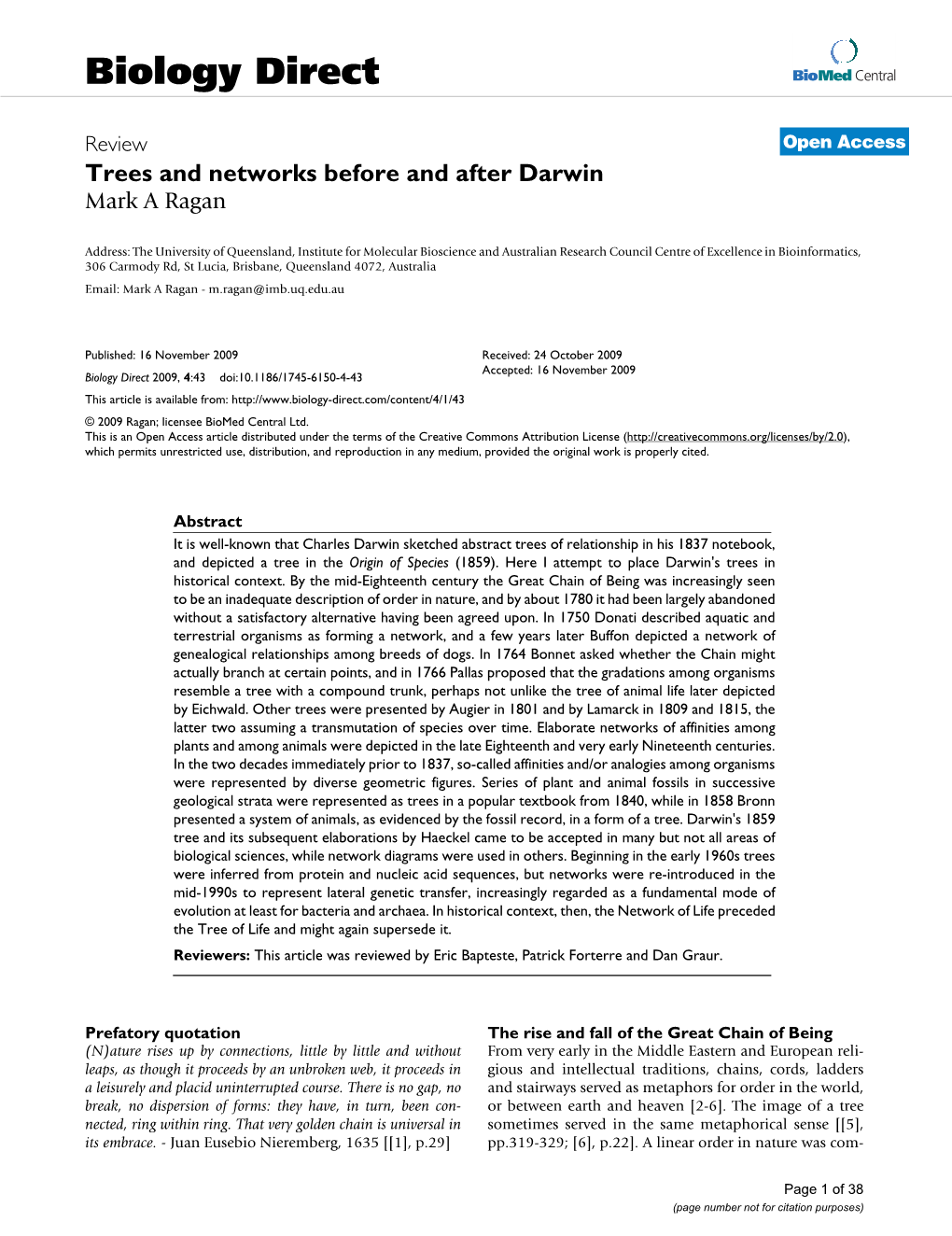 Trees and Networks Before and After Darwin Mark a Ragan