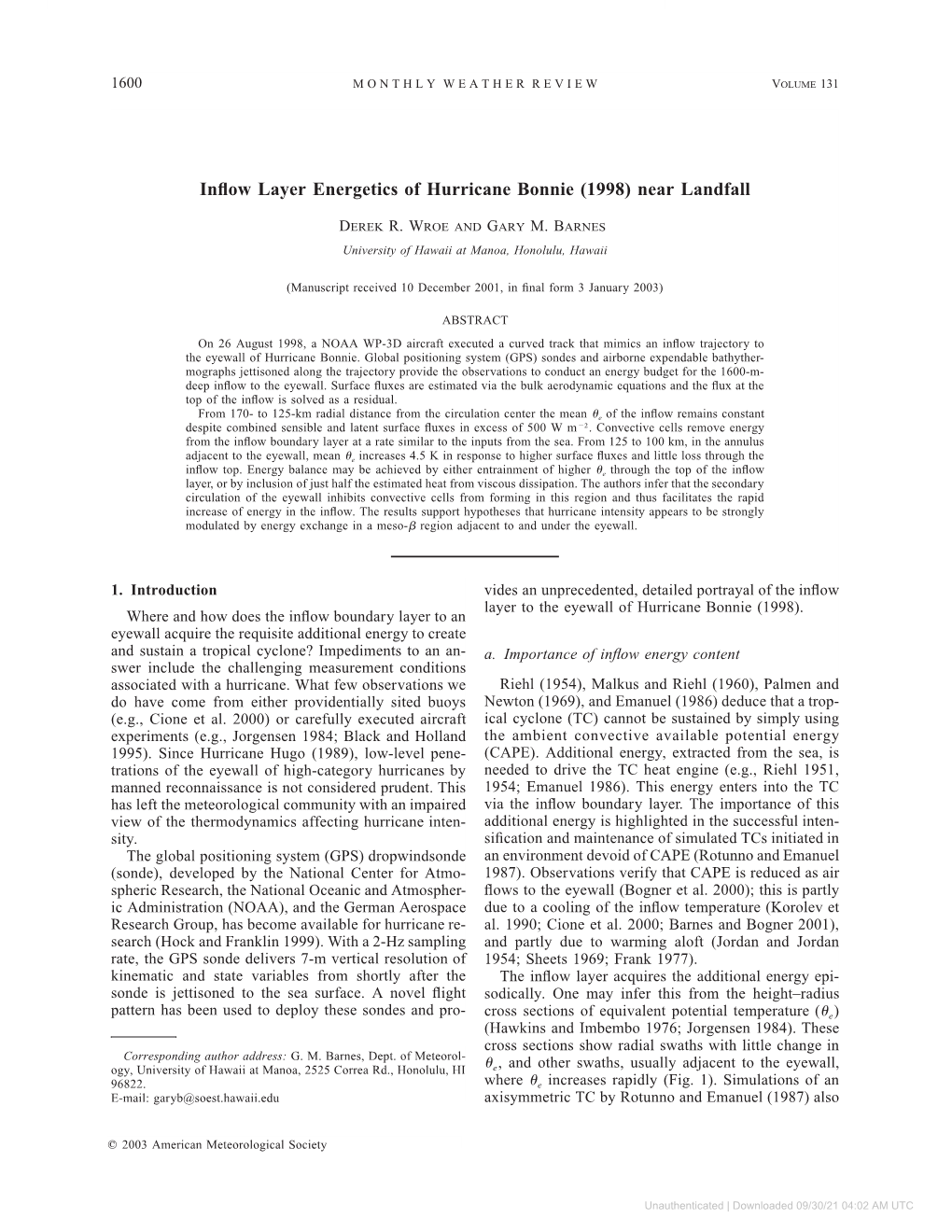 Inflow Layer Energetics of Hurricane Bonnie (1998) Near Landfall