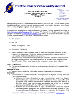 4:00 Pm, Wednesday, March 31, 2021 TDPUD Board Room AGENDA As