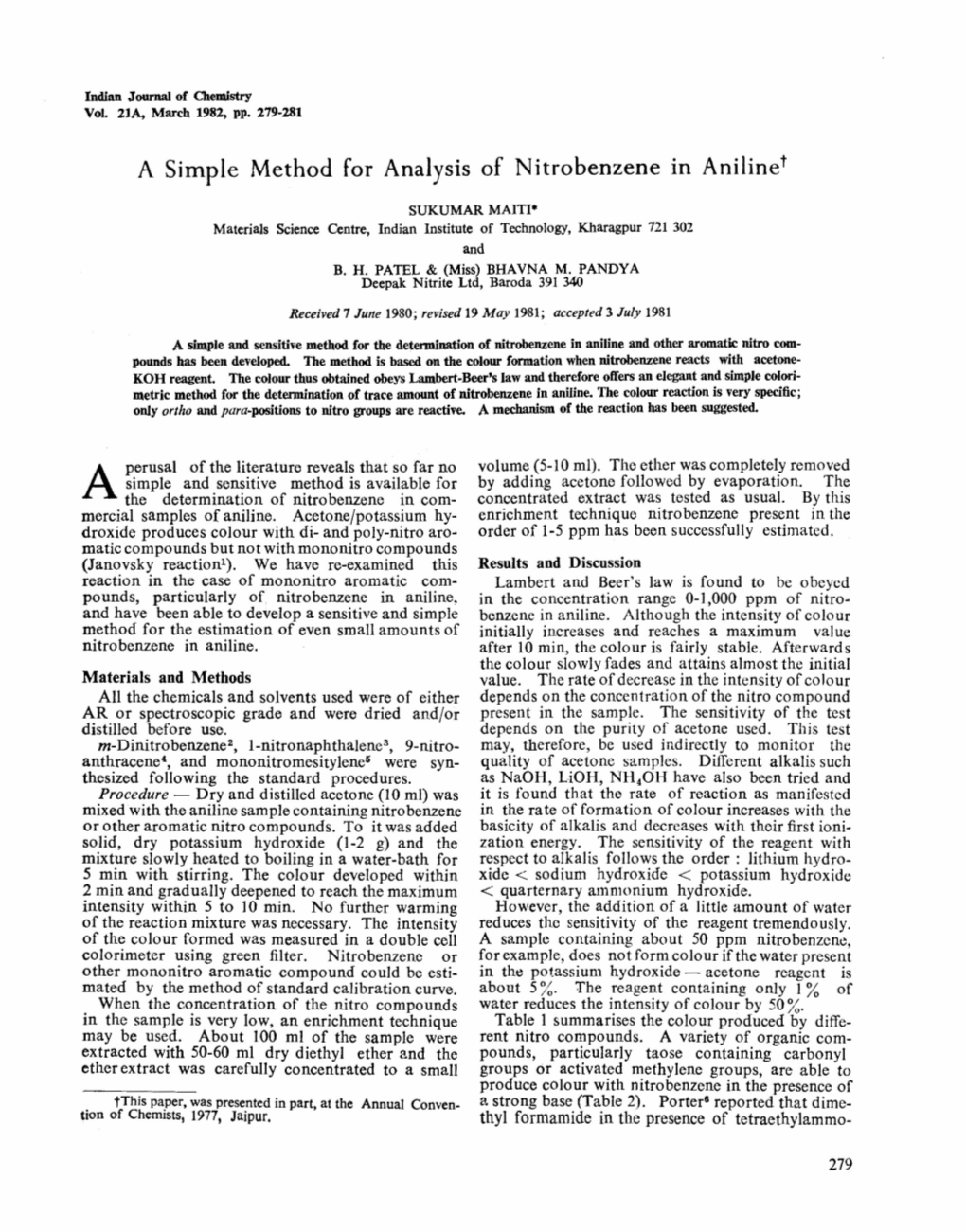 A Simple Method for Analysis of Nitrobenzene in Aniline"