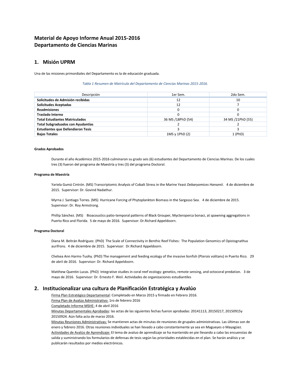 Material De Apoyo Informe Anual 2015-2016 Departamento De Ciencias Marinas