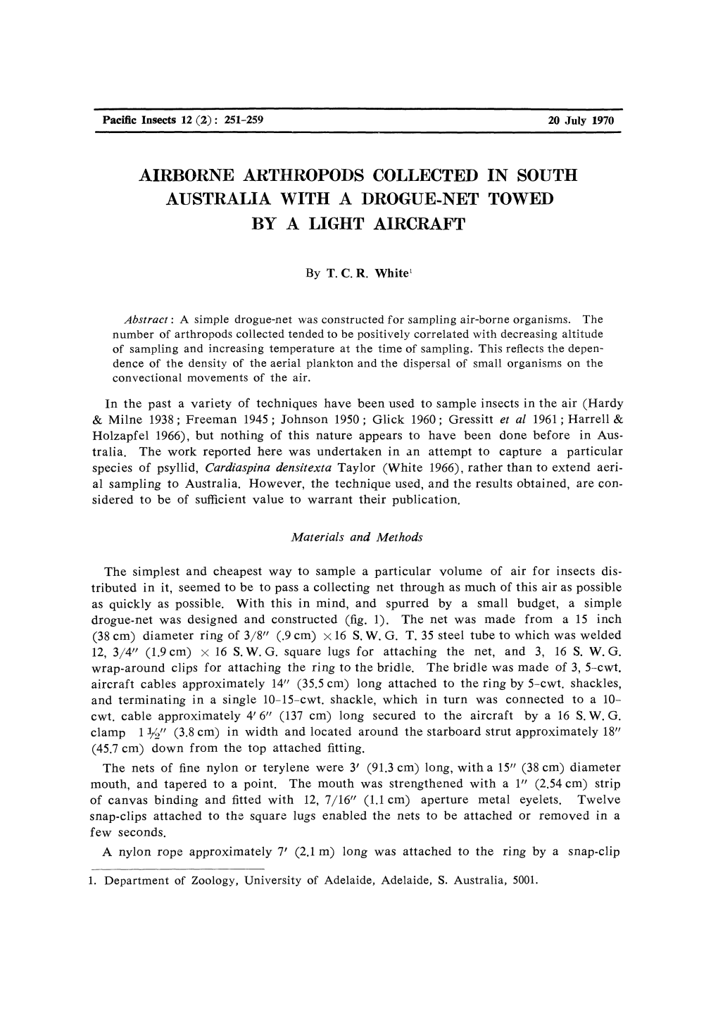 Airborne Arthropods Collected in South Australia with a Drogue-Net Towed by a Light Aircraft