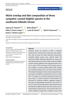 Niche Overlap and Diet Composition of Three Sympatric Coastal Dolphin Species in the Southwest Atlantic Ocean