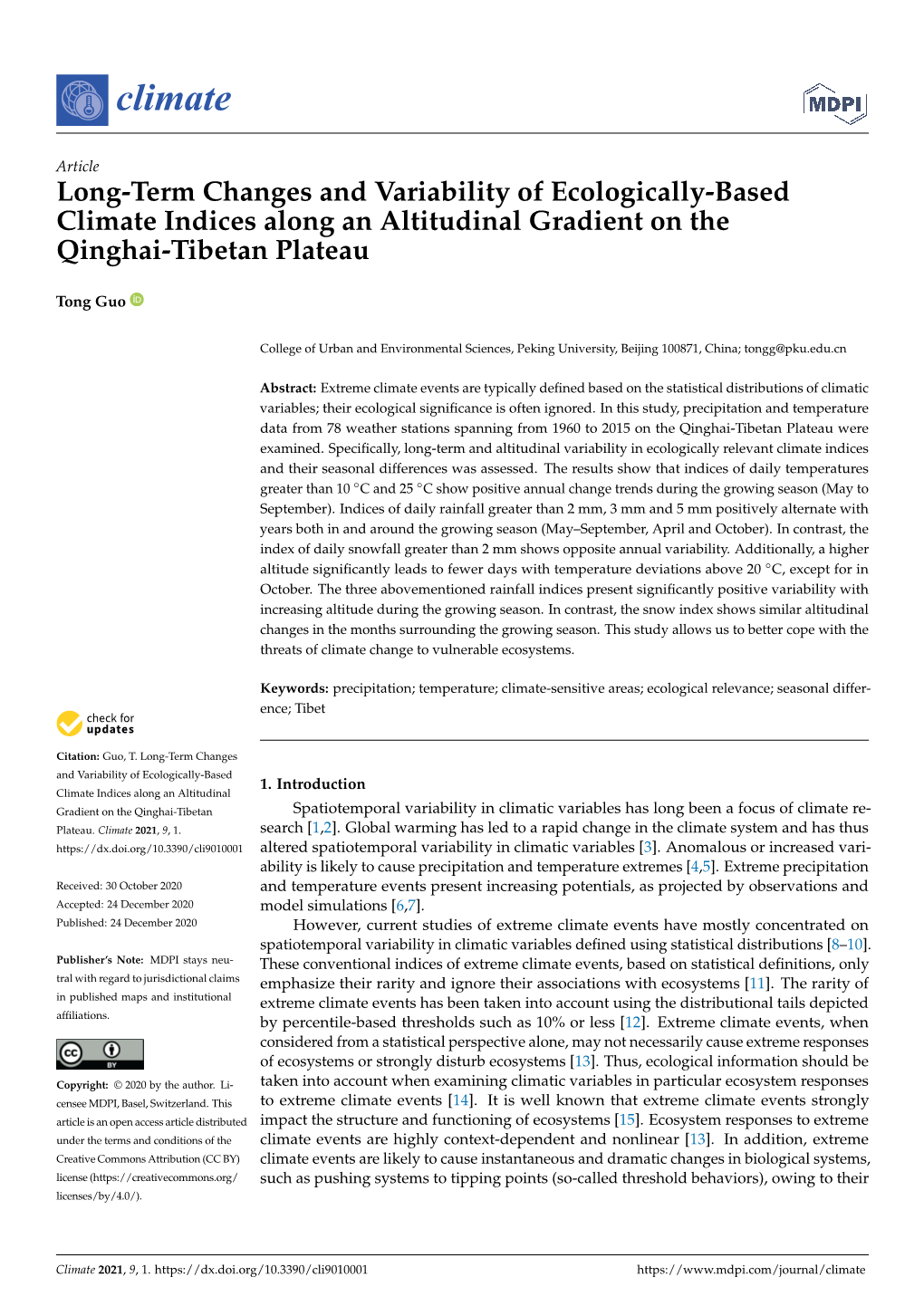 Long-Term Changes and Variability of Ecologically-Based Climate Indices Along an Altitudinal Gradient on the Qinghai-Tibetan Plateau