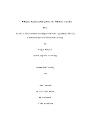 Probing the Regulation of Elongation Factor P-Mediated Translation Thesis Presented in Partial Fulfillment of the Requirements