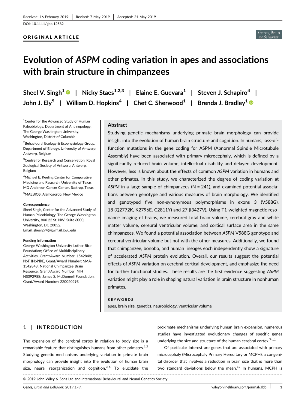 Evolution of ASPM Coding Variation in Apes and Associations with Brain Structure in Chimpanzees