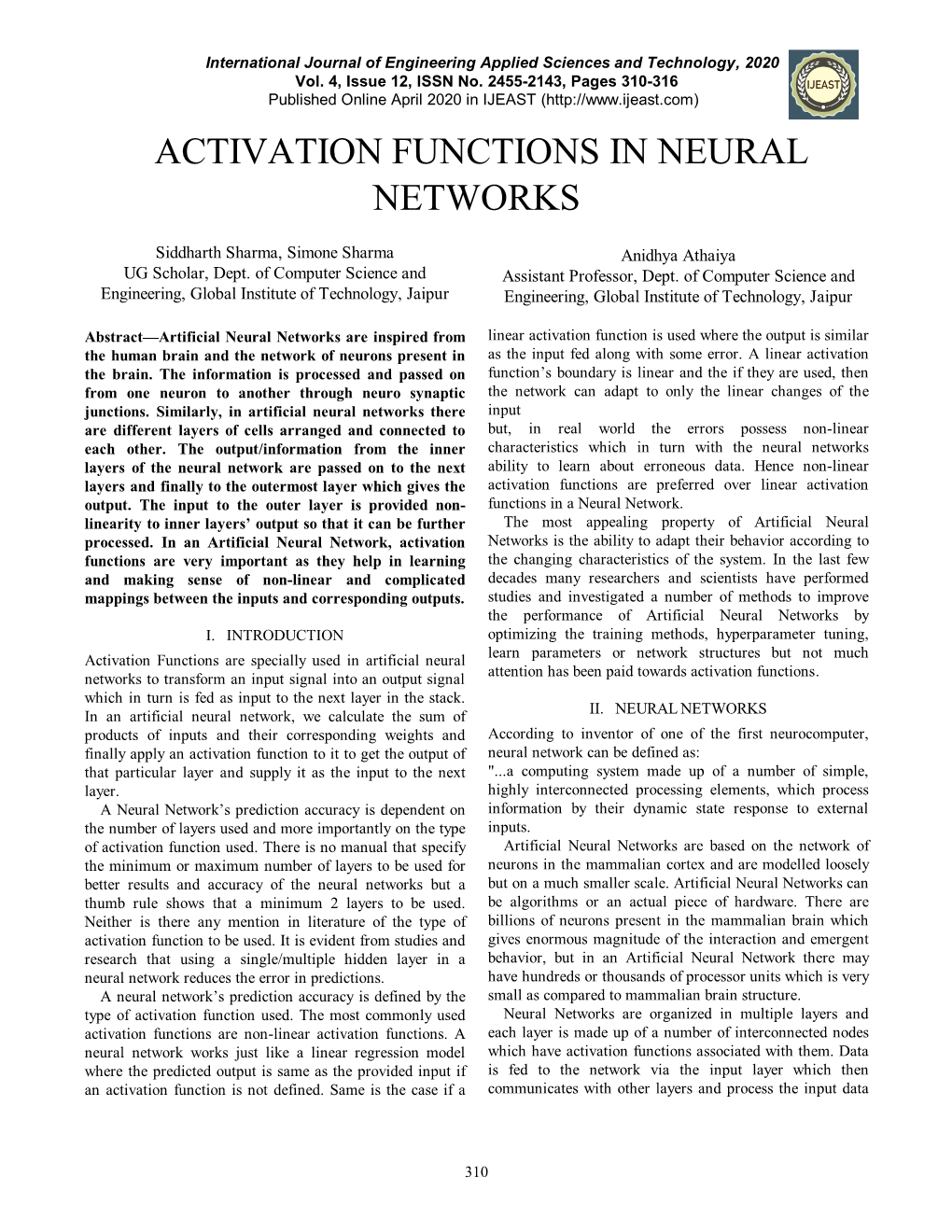 Activation Functions in Neural Networks