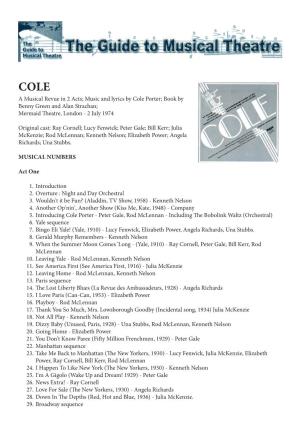 COLE a Musical Revue in 2 Acts; Music and Lyrics by Cole Porter; Book by Benny Green and Alan Strachan; Mermaid Theatre, London - 2 July 1974