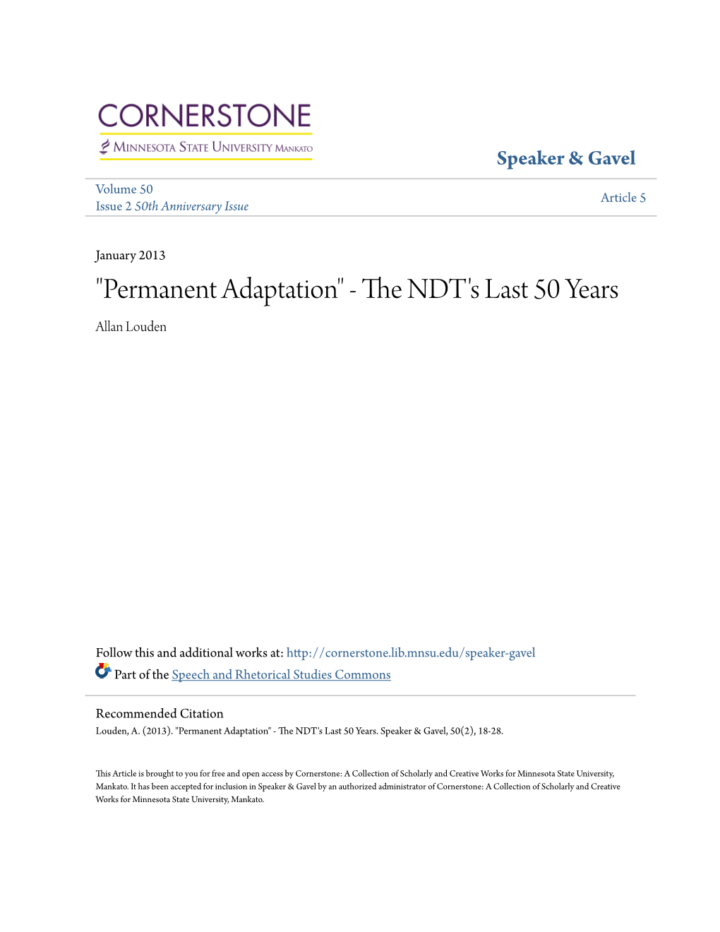 "Permanent Adaptation" - the NDT's Last 50 Years Allan Louden