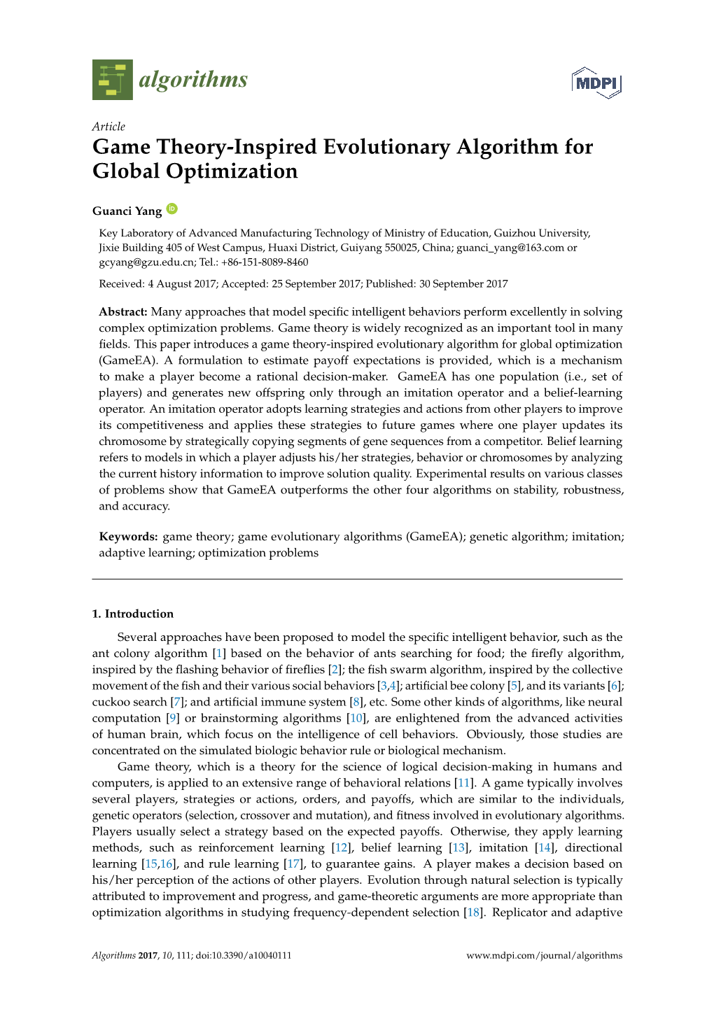 Game Theory-Inspired Evolutionary Algorithm for Global Optimization