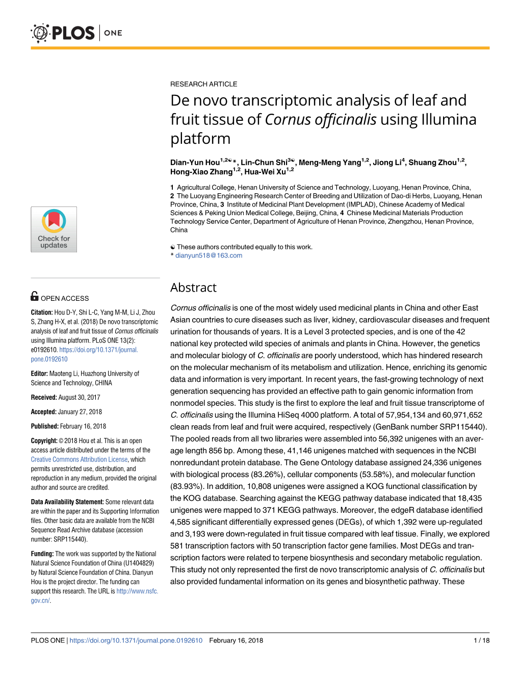 De Novo Transcriptomic Analysis of Leaf and Fruit Tissue of Cornus Officinalis Using Illumina Platform