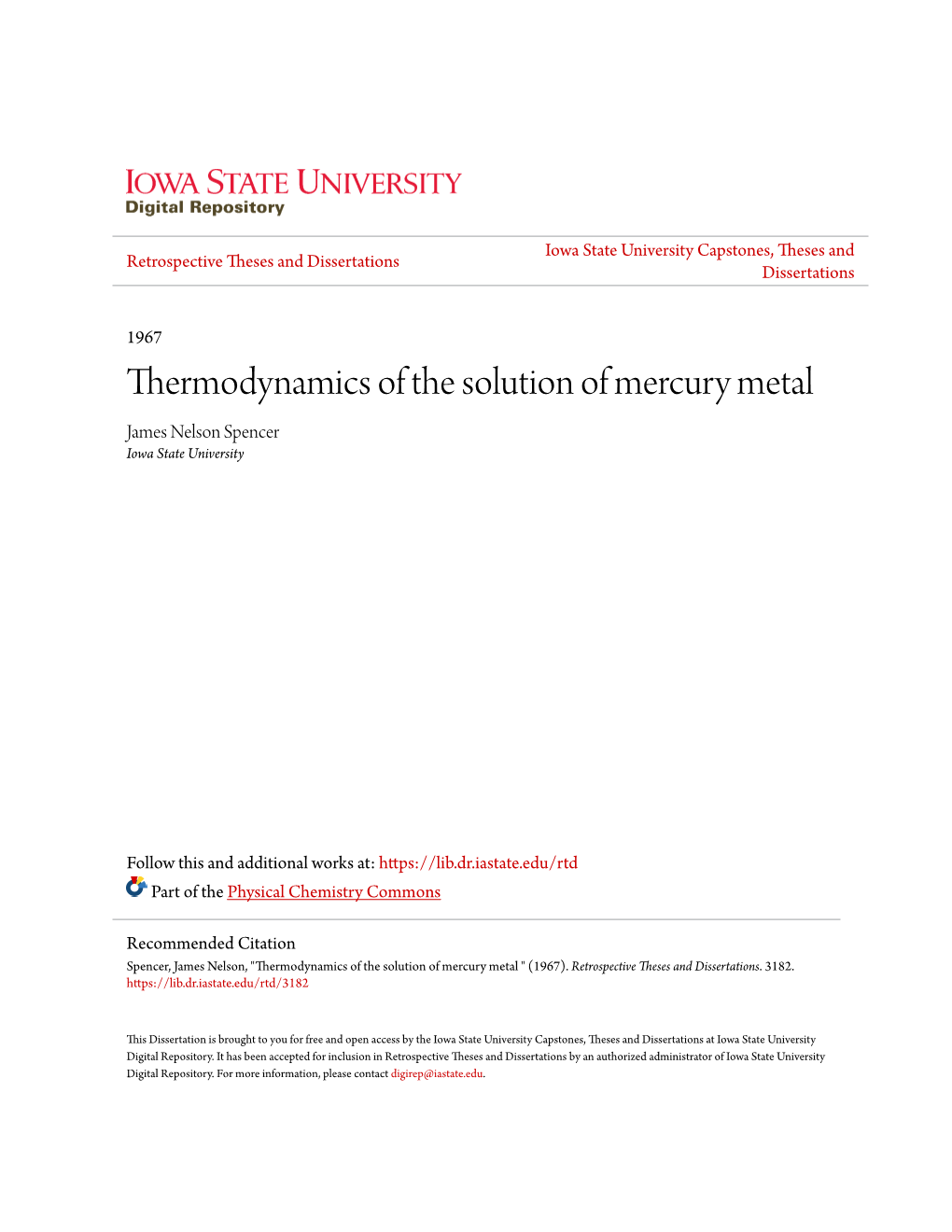 Thermodynamics of the Solution of Mercury Metal James Nelson Spencer Iowa State University