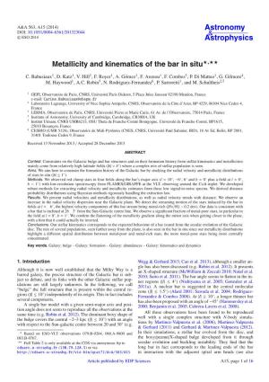 Metallicity and Kinematics of the Bar in Situ⋆⋆⋆