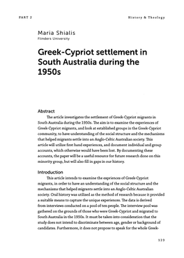 Greek-Cypriot Settlement in South Australia During the 1950S