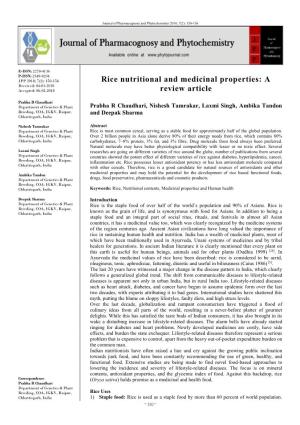Rice Nutritional and Medicinal Properties: a Received: 04-01-2018 Accepted: 06-02-2018 Review Article
