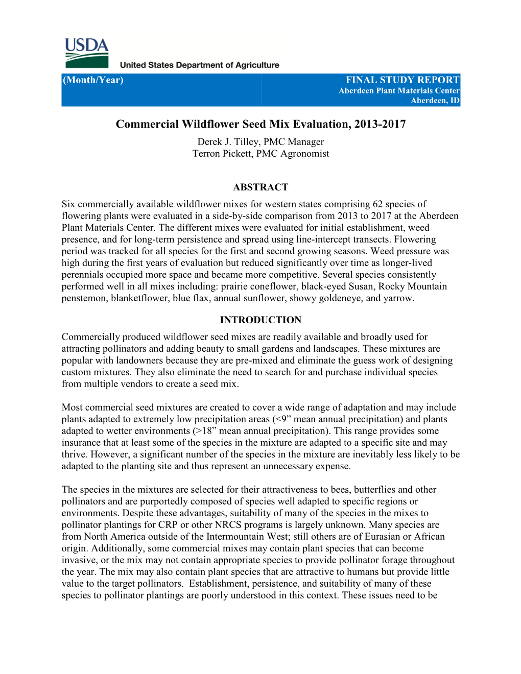 Commercial Wildflower Seed Mix Evaluation, 2013-2017 Derek J