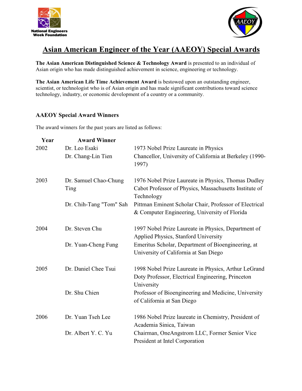 Asian American Engineer of the Year (AAEOY) Special Awards