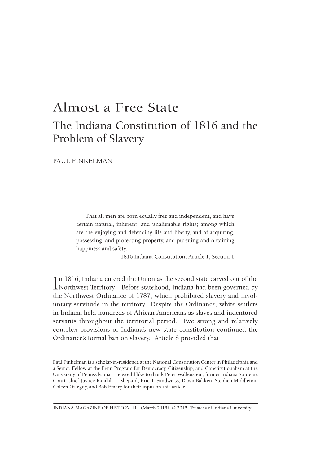 Almost a Free State the Indiana Constitution of 1816 and the Problem of Slavery