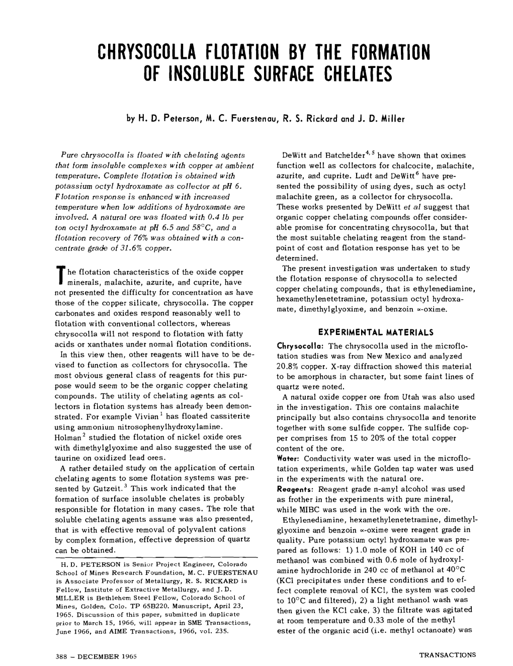 Chrysocolla Flotation by the Formation of Insoluble Surface Chelates