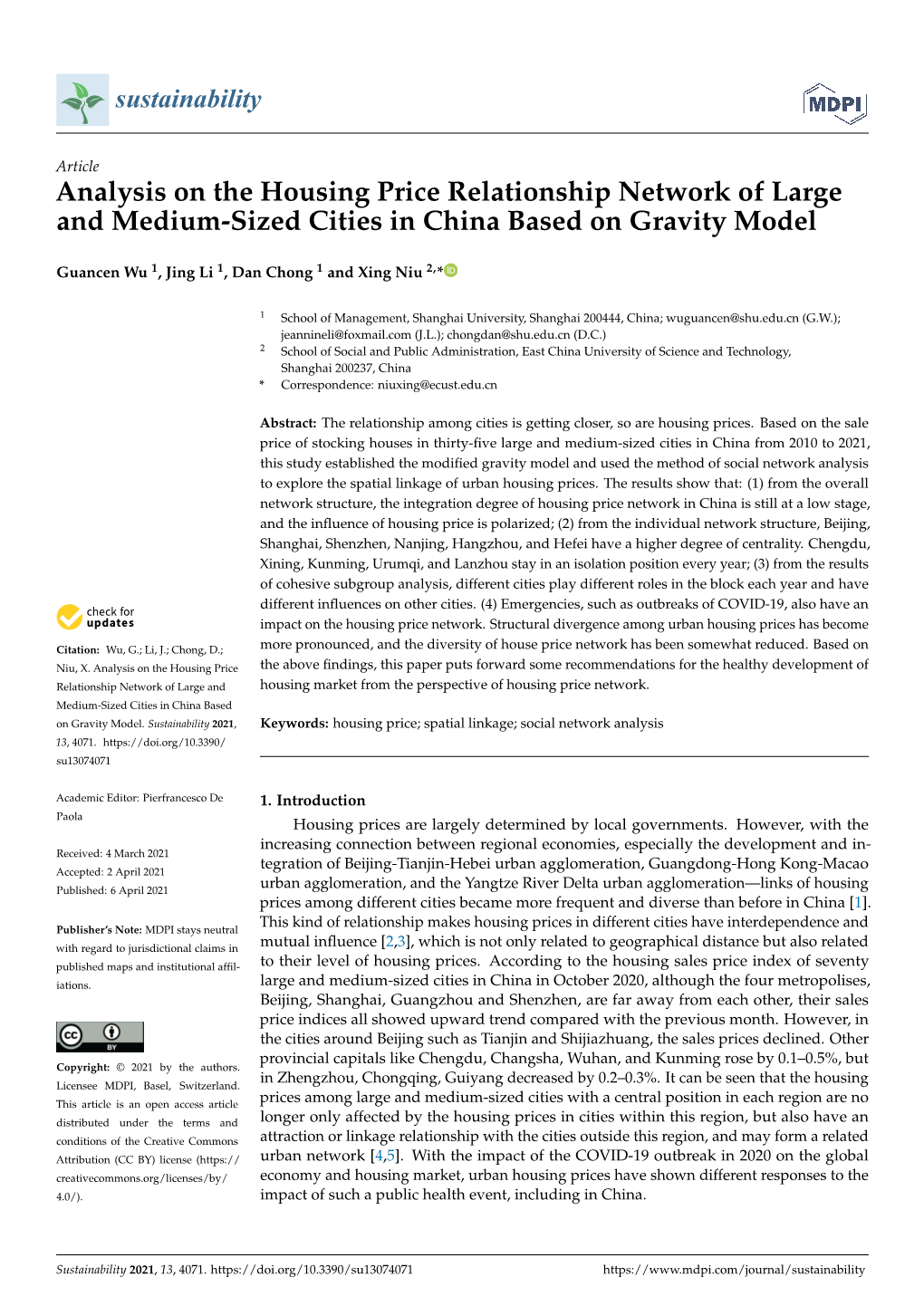 Analysis on the Housing Price Relationship Network of Large and Medium-Sized Cities in China Based on Gravity Model