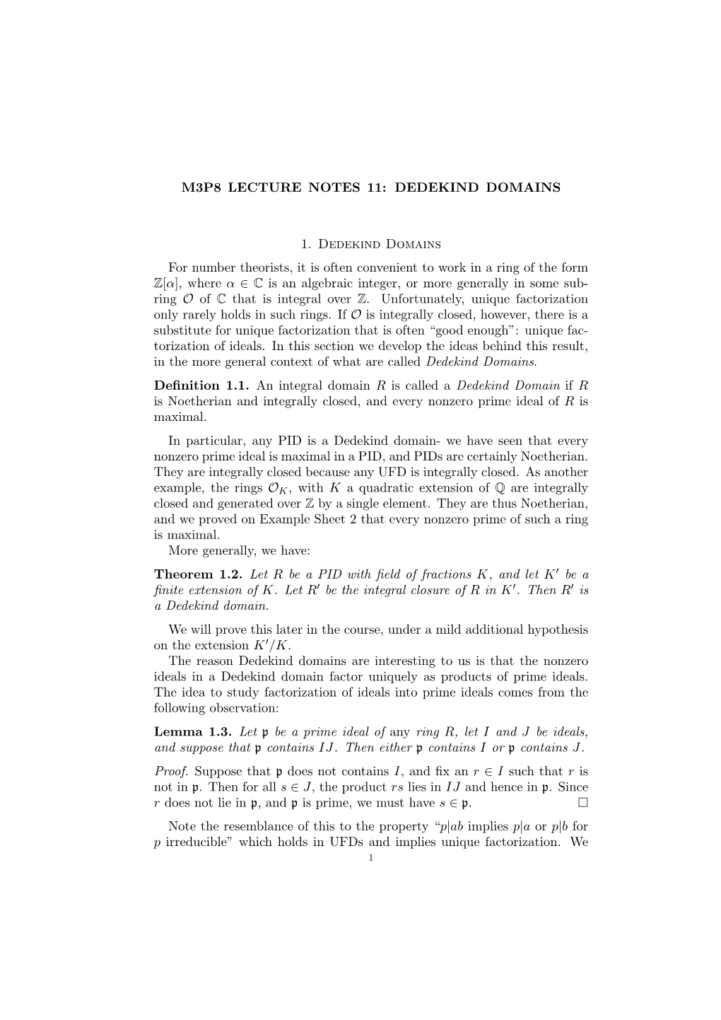 M3p8 Lecture Notes 11: Dedekind Domains