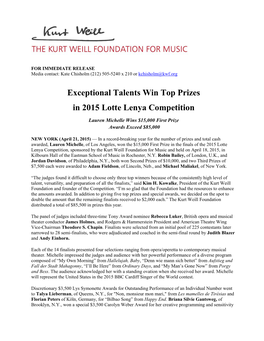 Exceptional Talents Win Top Prizes in 2015 Lotte Lenya Competition