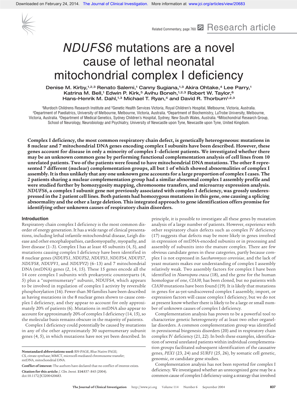 NDUFS6 Mutations Are a Novel Cause of Lethal Neonatal Mitochondrial Complex I Deficiency Denise M