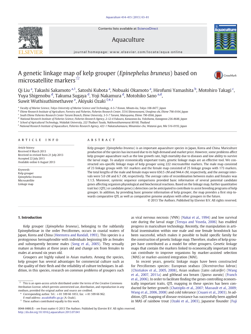 A Genetic Linkage Map of Kelp Grouper (Epinephelus Bruneus) Based On