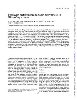 Porphyrin Metabolism and Haem Biosynthesis in Gilbert's Syndrome