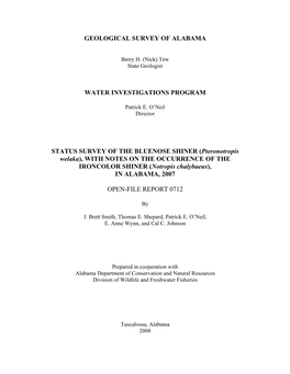 Pteronotropis Welaka), with NOTES on the OCCURRENCE of the IRONCOLOR SHINER (Notropis Chalybaeus), in ALABAMA, 2007