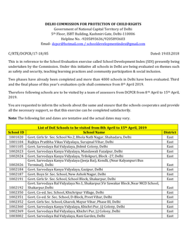 DELHI COMMISSION for PROTECTION of CHILD RIGHTS Government of National Capital Territory of Delhi 5Th Floor, ISBT Building, Kashmiri Gate, Delhi-110006 Helpline No