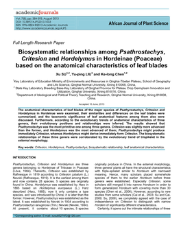 Biosystematic Relationships Among Psathrostachys, Critesion and Hordelymus in Hordeinae (Poaceae) Based on the Anatomical Characteristics of Leaf Blades