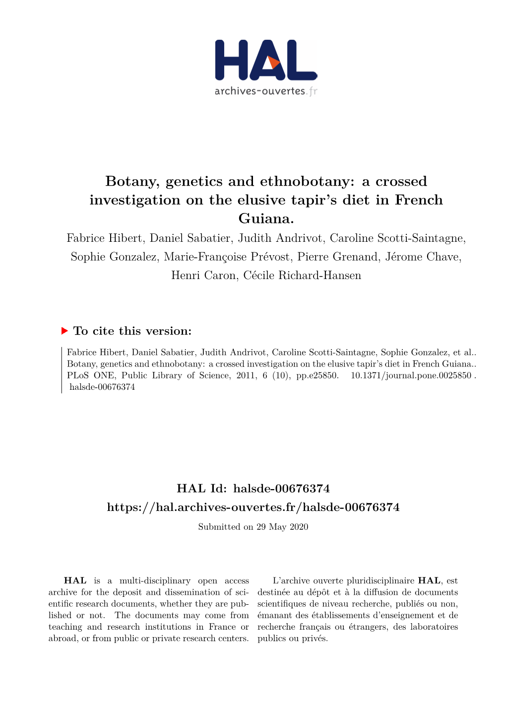 Botany, Genetics and Ethnobotany: a Crossed Investigation on the Elusive Tapir’S Diet in French Guiana