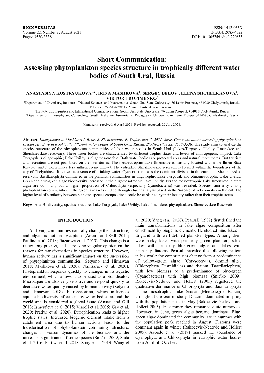 Short Communication: Assessing Phytoplankton Species Structure in Trophically Different Water Bodies of South Ural, Russia