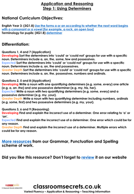 GPS Year 4 Using Determiners Application and Reasoning